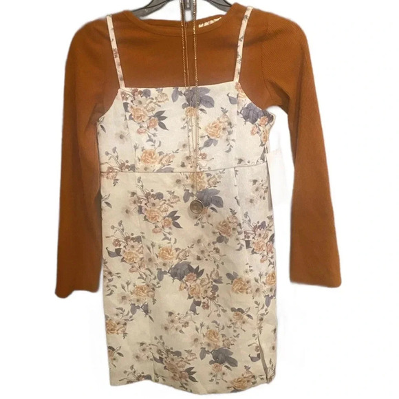 Rare Editions Big Girls Rust & Cream Jumper Dress & Long Sleeve Rib-Knit Top Set - Picture 1 of 4